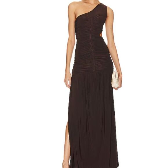 BNWT - MISA SAMSARA DRESS BROWN ONE SHOULDER CUT OUT - L - Picture 1 of 8